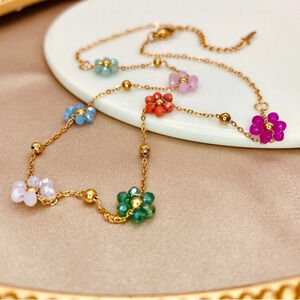 Dainty Beaded Chain Multicolored Crystal Floral Design Necklace in Gold